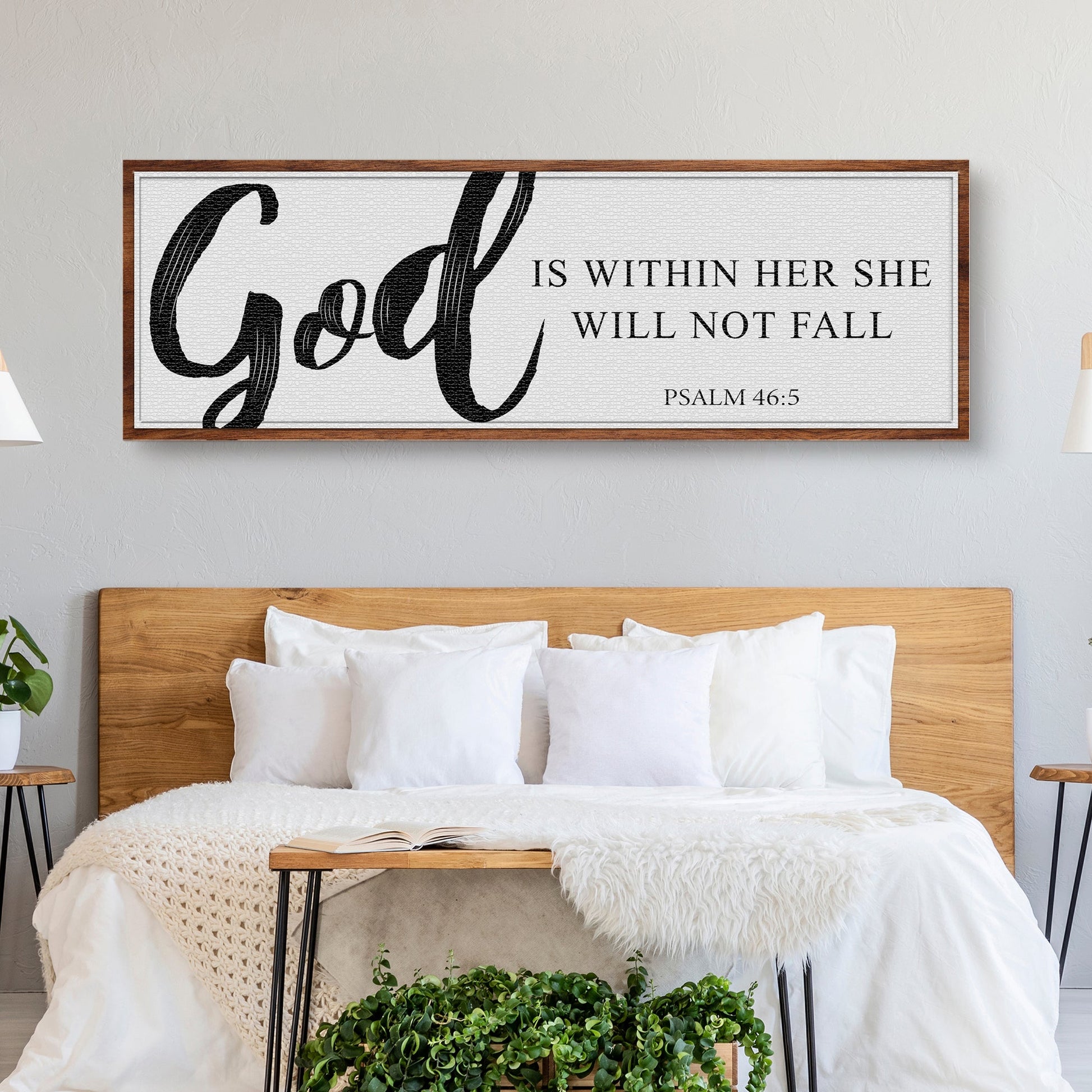 Canvas wall sign with large God script and Psalm 46:5 is within her she will not fall wood frame on Tampa Home & Garden Store