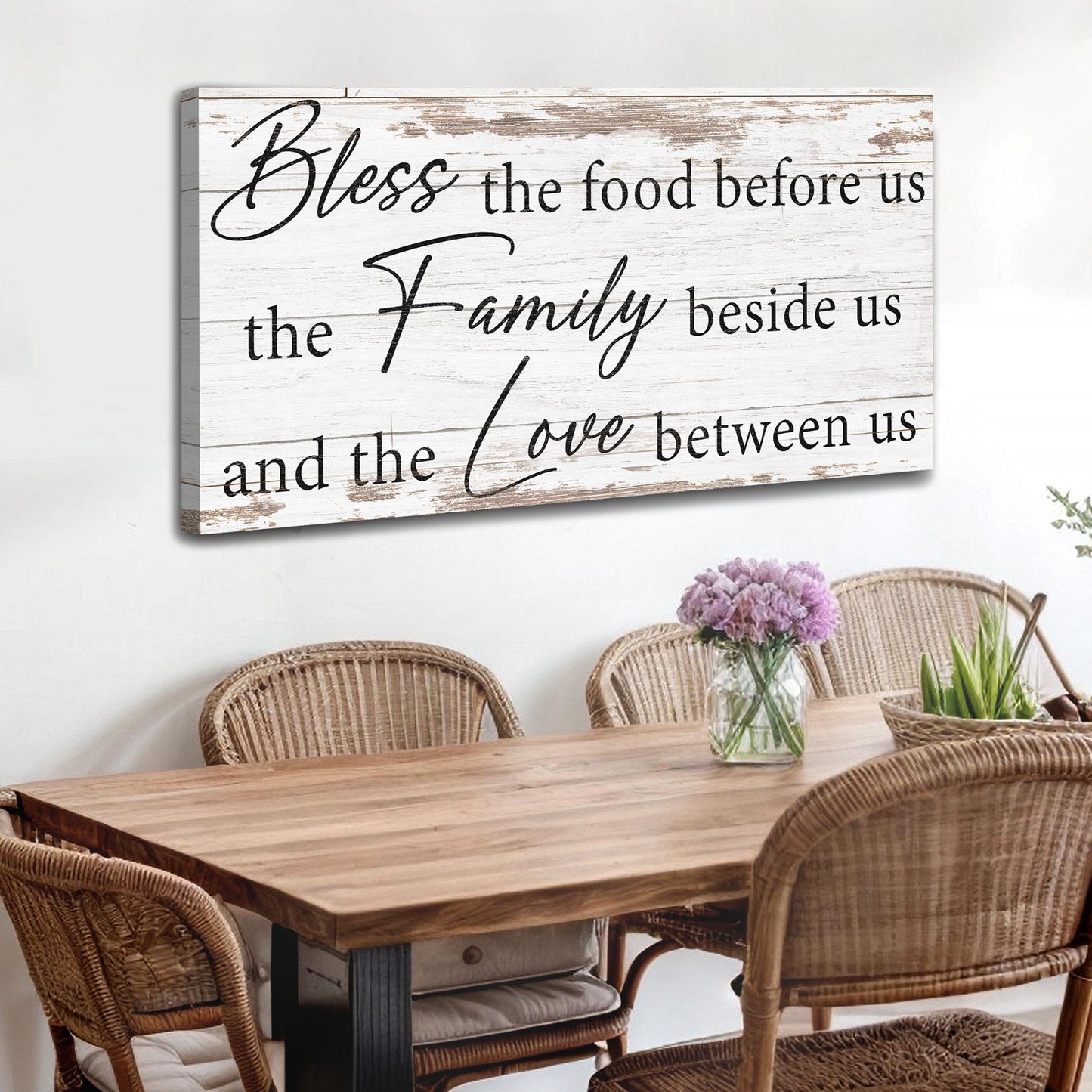 Bless The Food, Family, And Love Sign V canvas by Tailored Canvases on whitewashed planks on Tampa Home & Garden Store