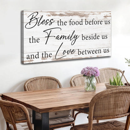 Bless The Food, Family, And Love Sign V canvas by Tailored Canvases on whitewashed planks on Tampa Home & Garden Store
