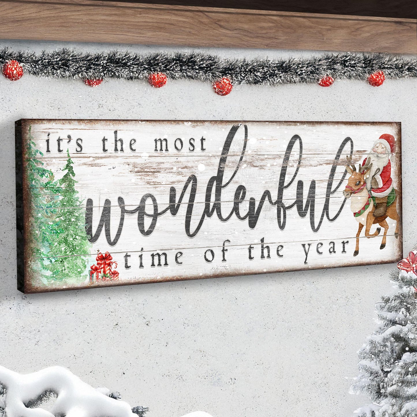 It's The Most Wonderful Time Of The Year Christmas Sign II canvas with Santa and reindeer on Tampa Home & Garden Store