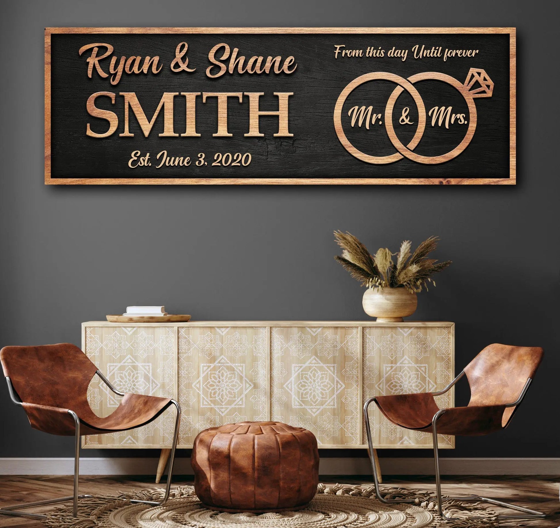From This Day Forever canvas sign with Ryan & Shane SMITH and Mr. & Mrs. rings on black wood on Tampa Home & Garden Store