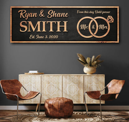 From This Day Forever canvas sign with Ryan & Shane SMITH and Mr. & Mrs. rings on black wood on Tampa Home & Garden Store