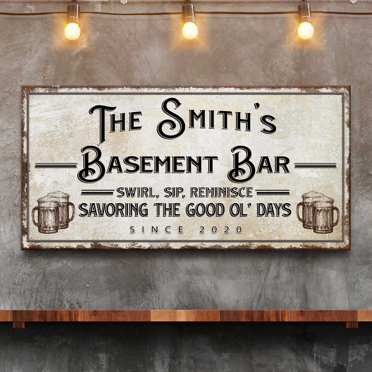 Swirl, Sip, Reminisce Basement Bar sign canvas with vintage beige background and beer mug icons on Tampa Home & Garden Store