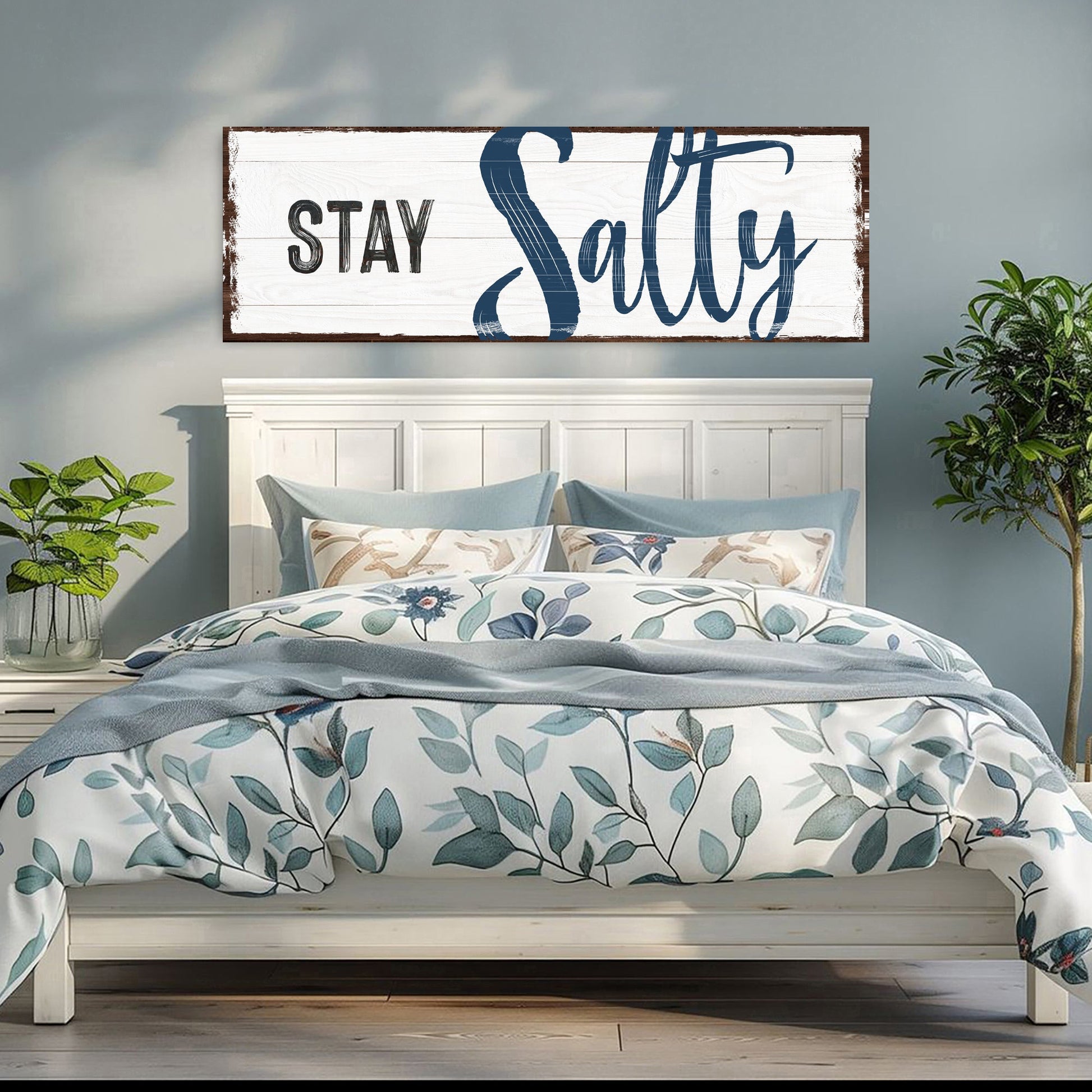 Tailored Canvases Stay Salty Coastal Sign III canvas with navy script over white planks on Tampa Home & Garden Store