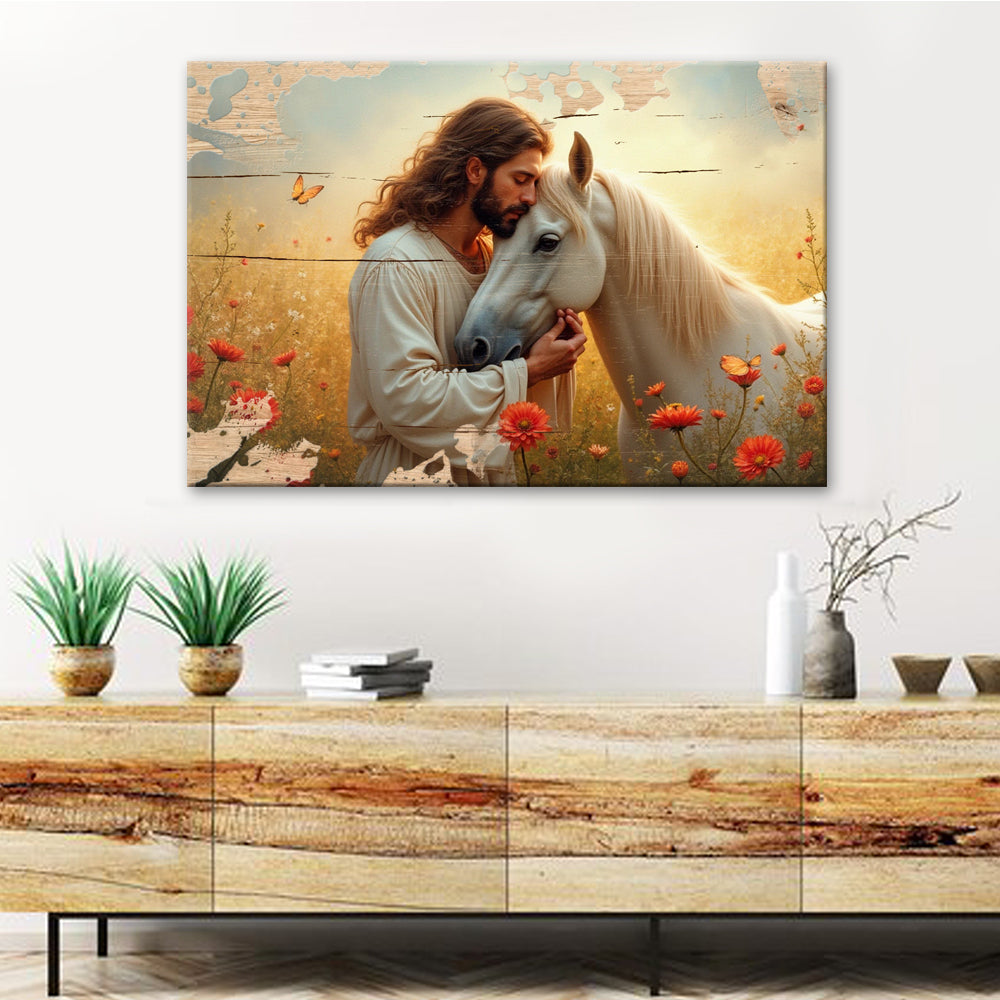 Jesus and Horse Faith Wall Art II canvas by Tailored Canvases in a warm field with a white horse on Tampa Home & Garden Store