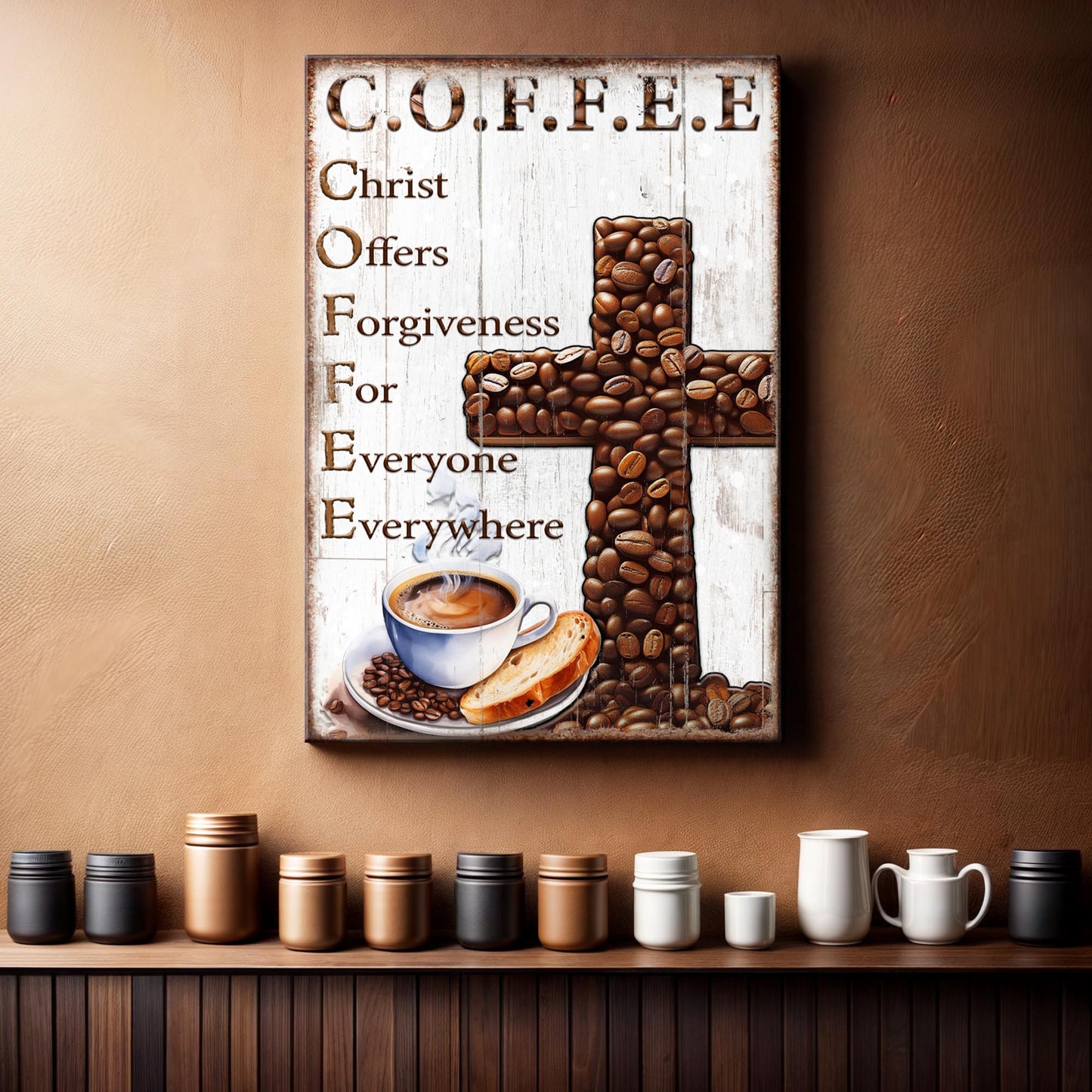Our C.O.F.F.E.E Faith Sign V canvas crafting panel by Tailored Canvases with coffee bean motif on Tampa Home & Garden Store