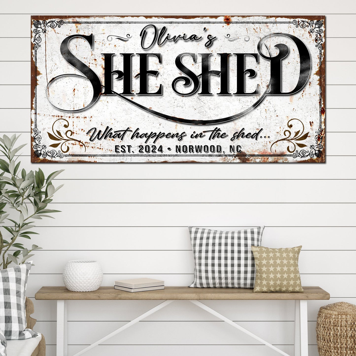 Personalized She Shed Sign canvas with rustic weathered look and elegant black script on Tampa Home & Garden Store