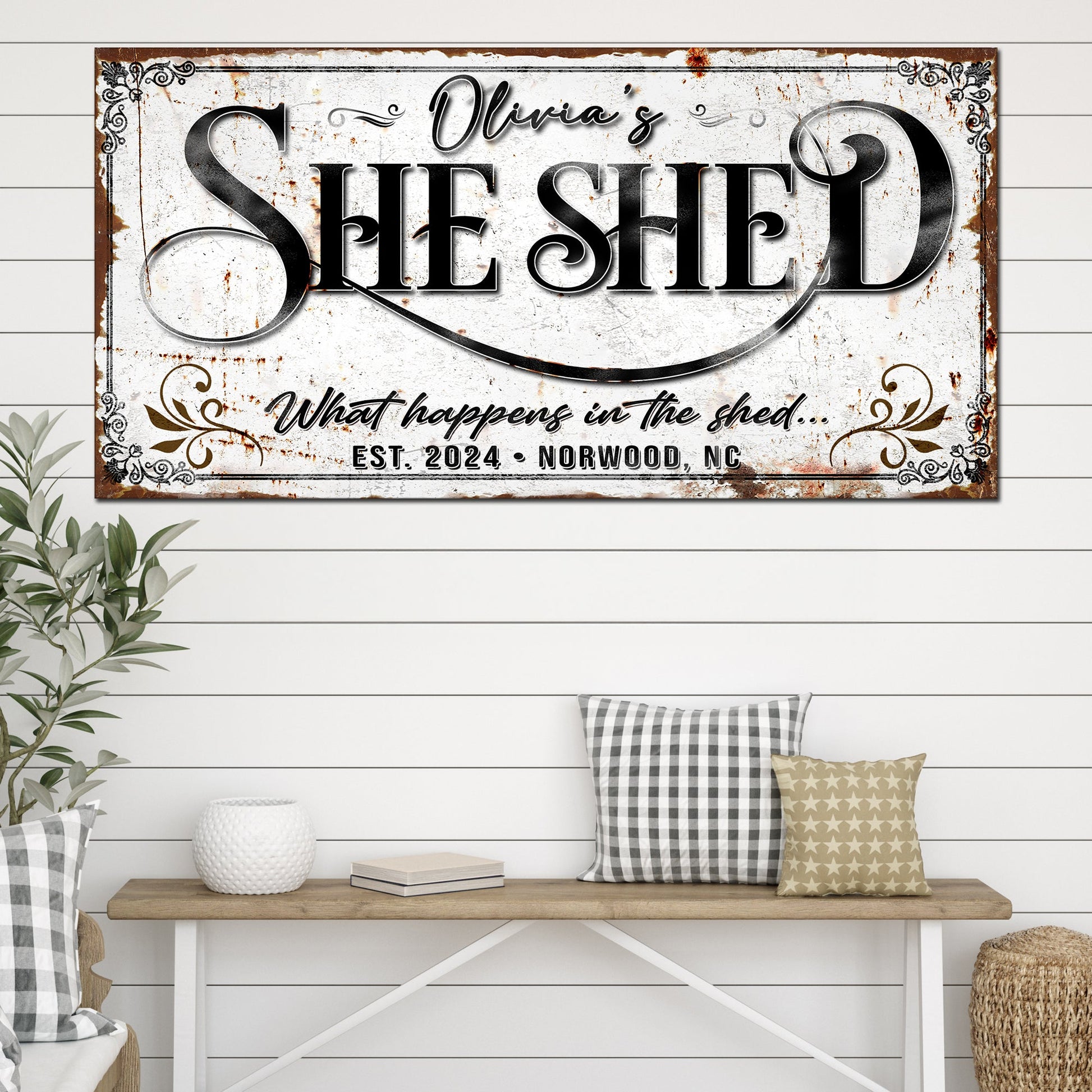 Personalized She Shed Sign canvas with rustic weathered look and elegant black script on Tampa Home & Garden Store