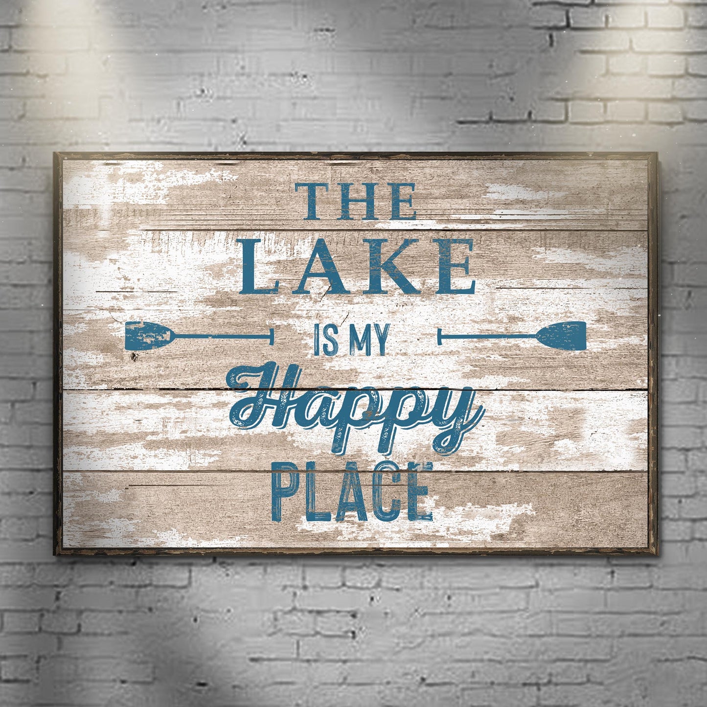 The Lake Is My Happy Place canvas sign with distressed wood and blue lettering Tailored Canvases on Tampa Home & Garden Store
