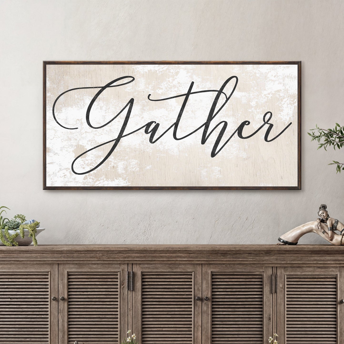Gather Sign XII canvas by Tailored Canvases with distressed white background and wood frame on Tampa Home & Garden Store