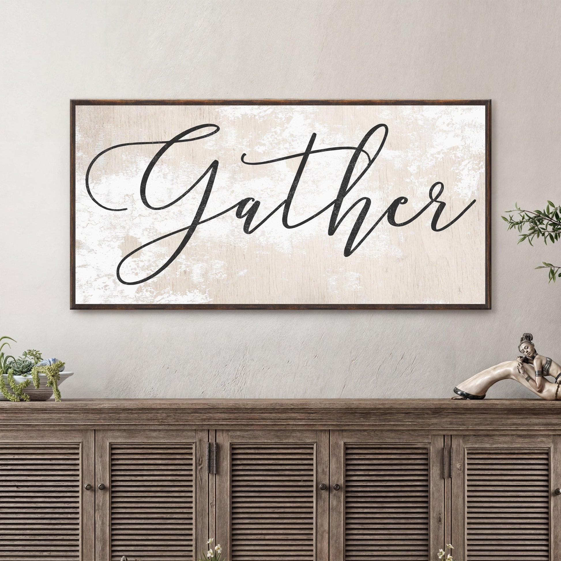 Gather Sign XII canvas by Tailored Canvases with distressed white background and wood frame on Tampa Home & Garden Store
