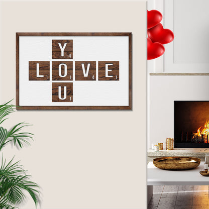 Valentine Love You Sign canvas on wood frame with brown letter tiles LOVE on Tampa Home & Garden Store
