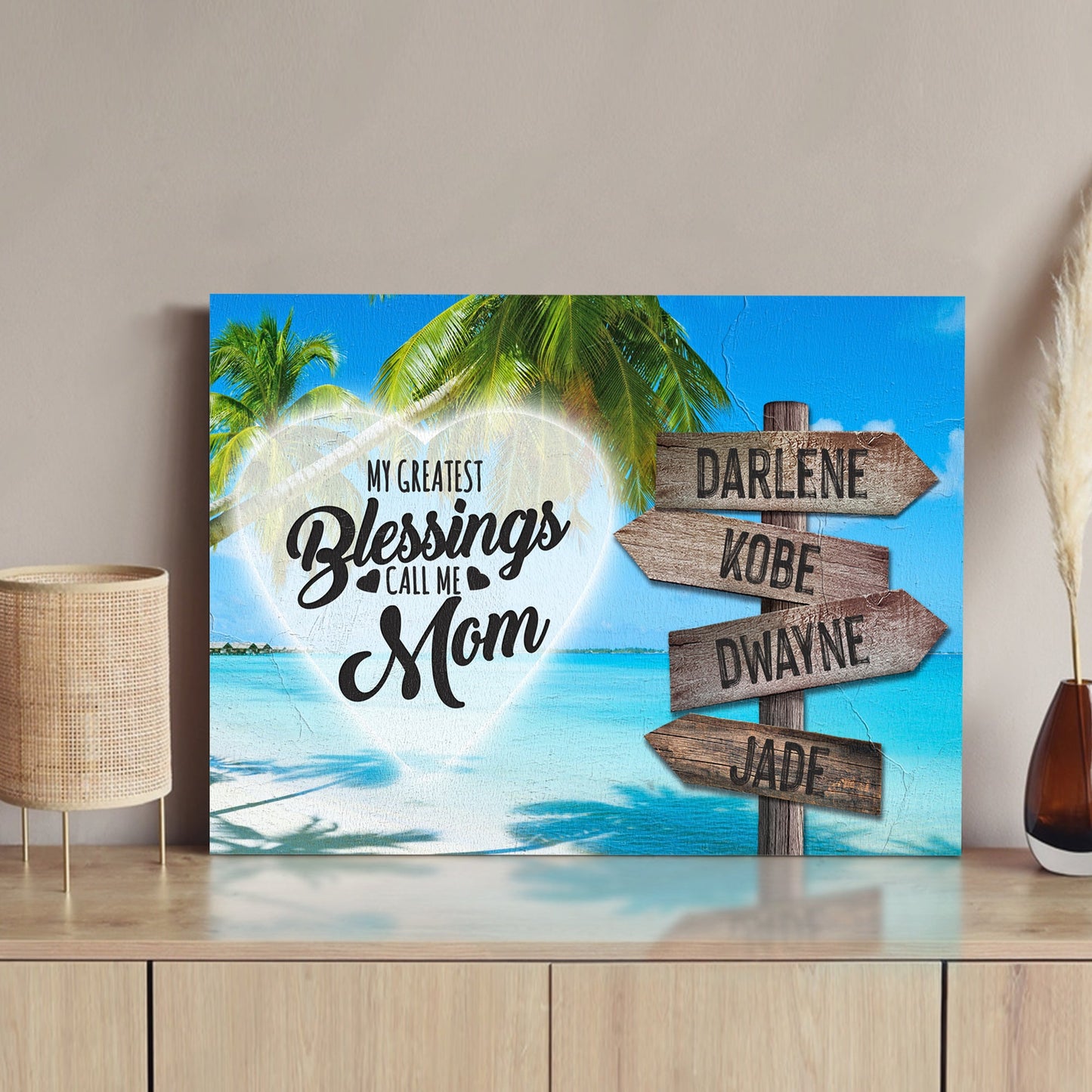 Canvas Mother's Day sign My Greatest Blessings Call Me Mom with palms and sign arrows beach on Tampa Home & Garden Store