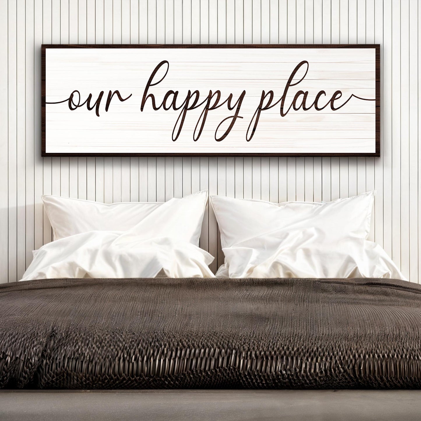 Our Happy Place Sign II canvas wall art with whitewashed wood grain and dark frame on Tampa Home & Garden Store