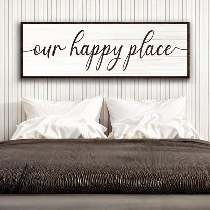 Our Happy Place Sign II canvas wall art with whitewashed wood grain and dark frame on Tampa Home & Garden Store