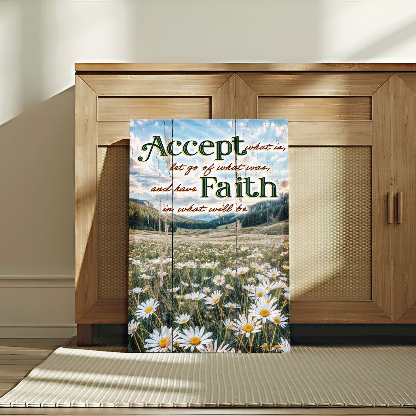 Canvas sign from Tailored Canvases featuring a daisies field and faith message on rustic wood on Tampa Home & Garden Store
