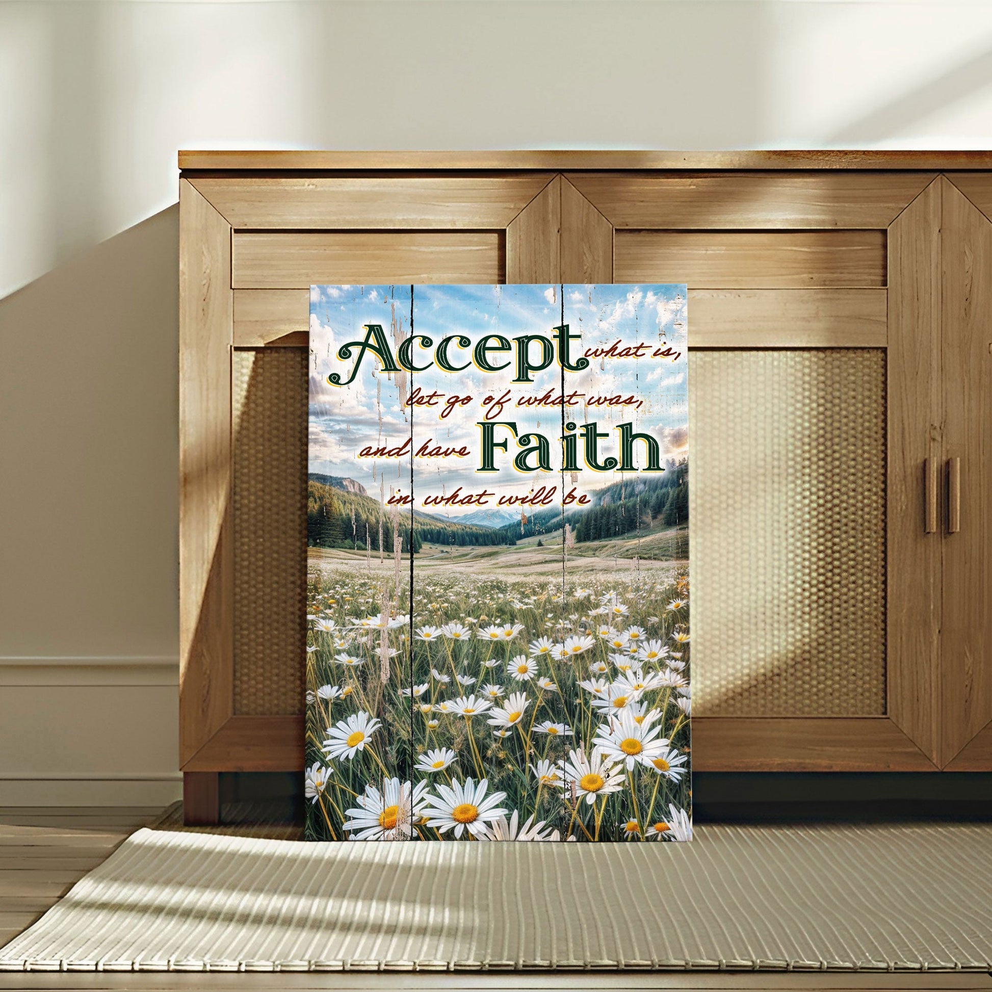 Canvas sign from Tailored Canvases featuring a daisies field and faith message on rustic wood on Tampa Home & Garden Store