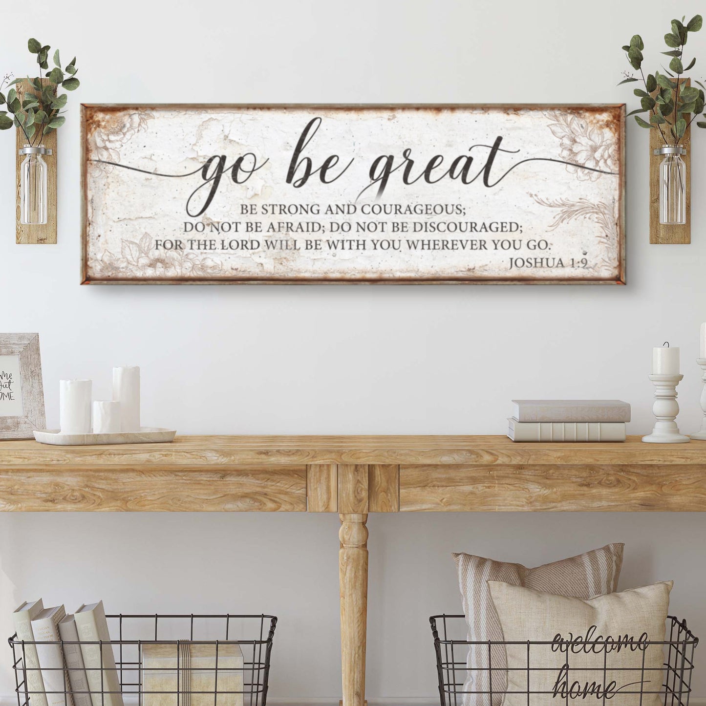 Go Be Great canvas sign with Joshua 1:9 verse, cream background, black script frame on Tampa Home & Garden Store