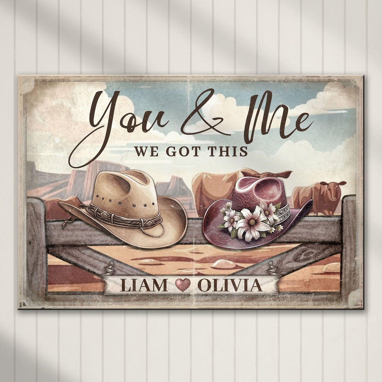 Cowboy themed We Got This Couple Sign Canvas with Liam and Olivia, rustic backdrop on Tampa Home & Garden Store