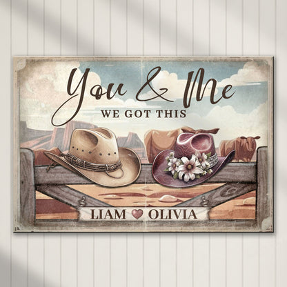 Cowboy themed We Got This Couple Sign Canvas with Liam and Olivia, rustic backdrop on Tampa Home & Garden Store