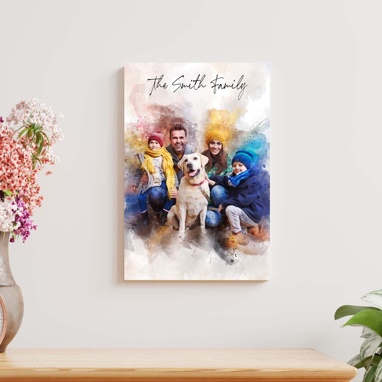Custom Family Watercolor Portrait II canvas with a four-person family and dog on Tampa Home & Garden Store