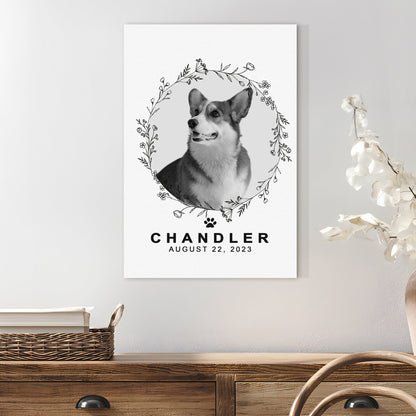 Pet memorial portrait canvas in monochrome with a circular floral wreath around Chandler on Tampa Home & Garden Store