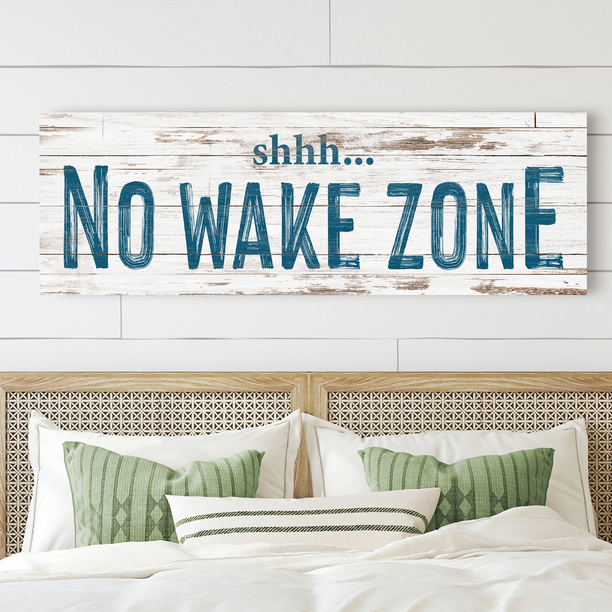 No Wake Zone Sign XIII canvas with distressed white wood backdrop in blue by Tailored Canvases on Tampa Home & Garden Store