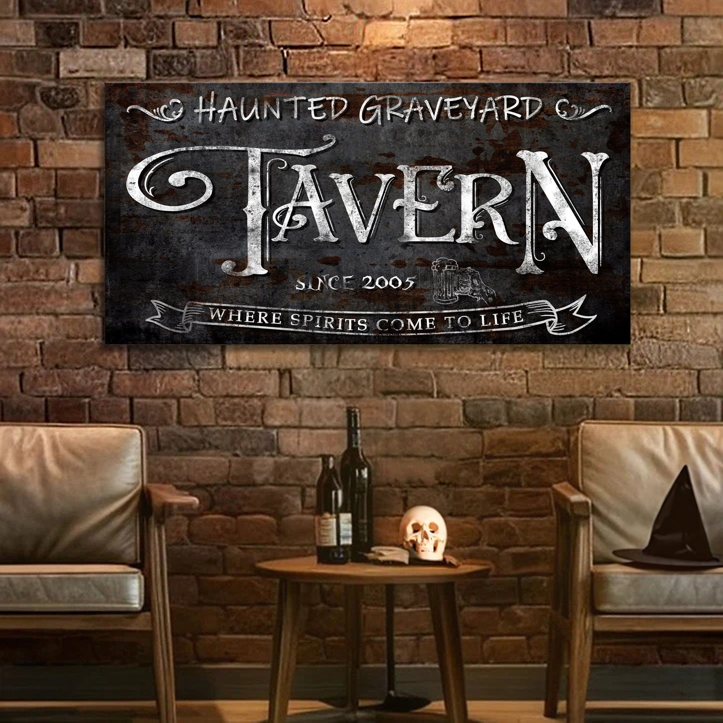 Haunted Graveyard Tavern Halloween Sign canvas by Tailored Canvases on brick wall on Tampa Home & Garden Store