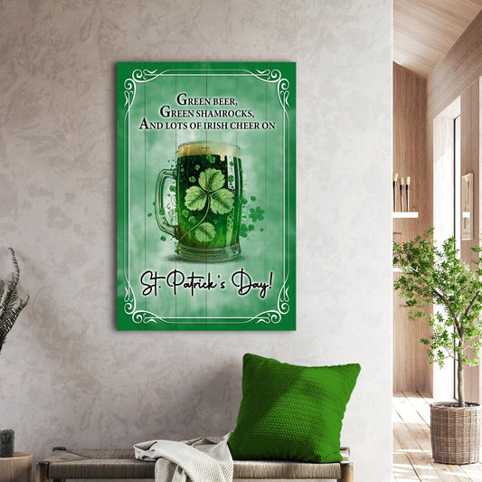 Canvas sign Green Beer with shamrocks on green wood panel by Tailored Canvases on Tampa Home & Garden Store