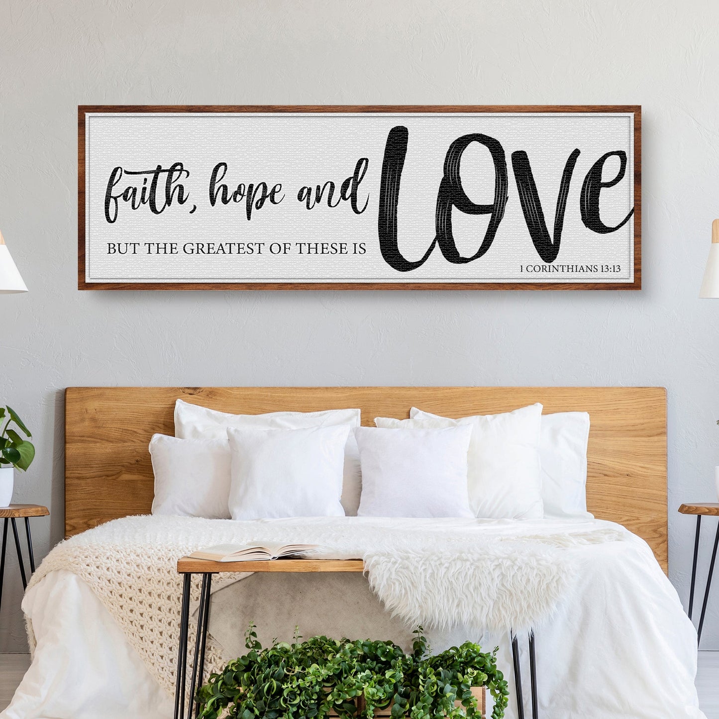 Faith Hope And Love Canvas Sign II, wood-framed white textured canvas with black script on Tampa Home & Garden Store