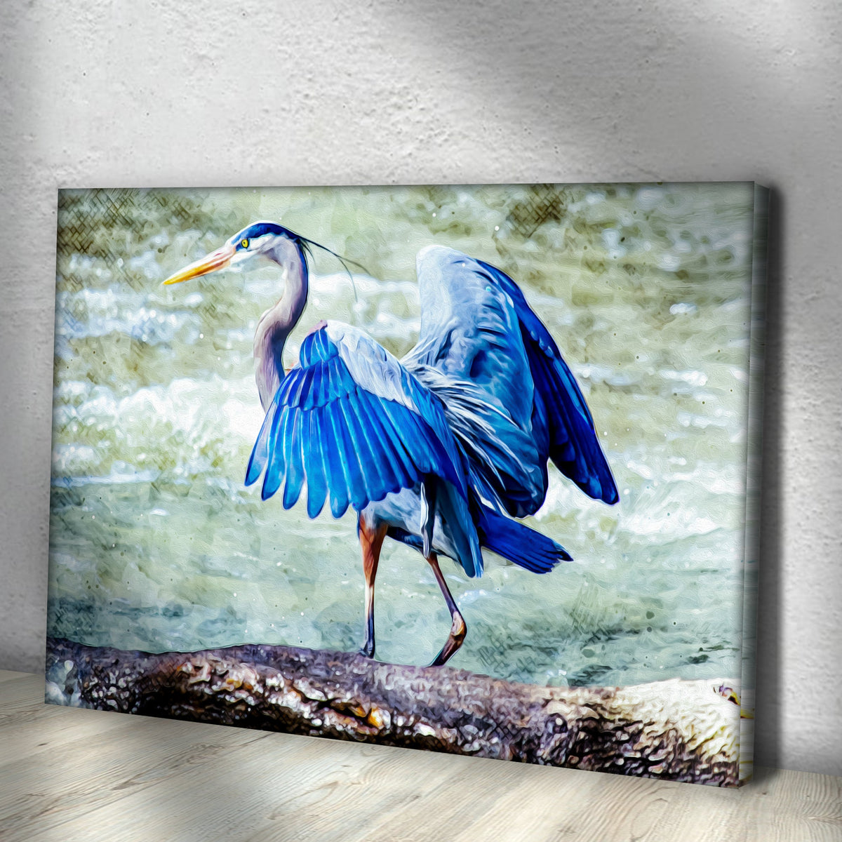 Beach Blue Heron Canvas Wall Art II by Tailored Canvases shows a blue heron on rocky shoreline on Tampa Home & Garden Store