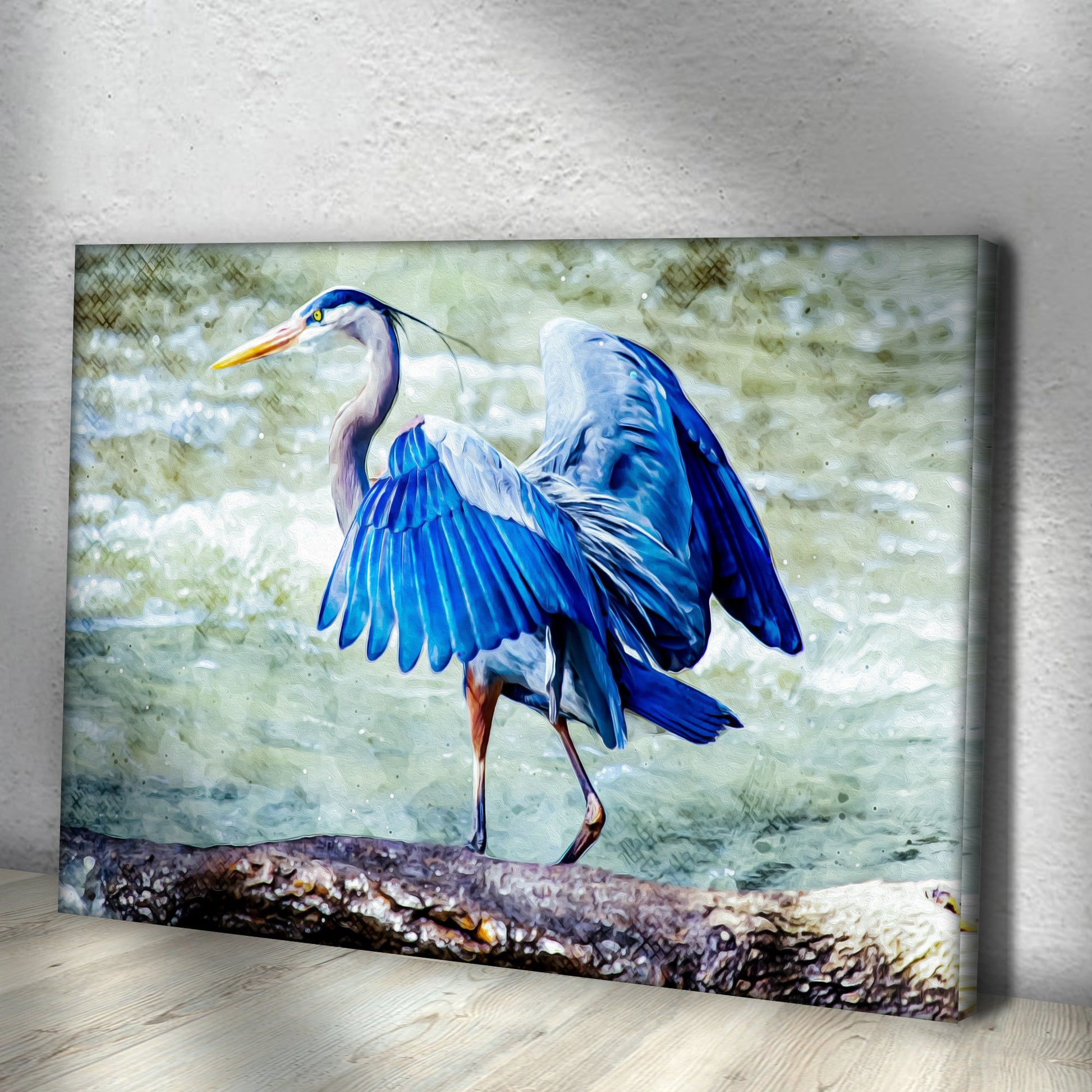 Beach Blue Heron Canvas Wall Art II by Tailored Canvases shows a blue heron on rocky shoreline on Tampa Home & Garden Store