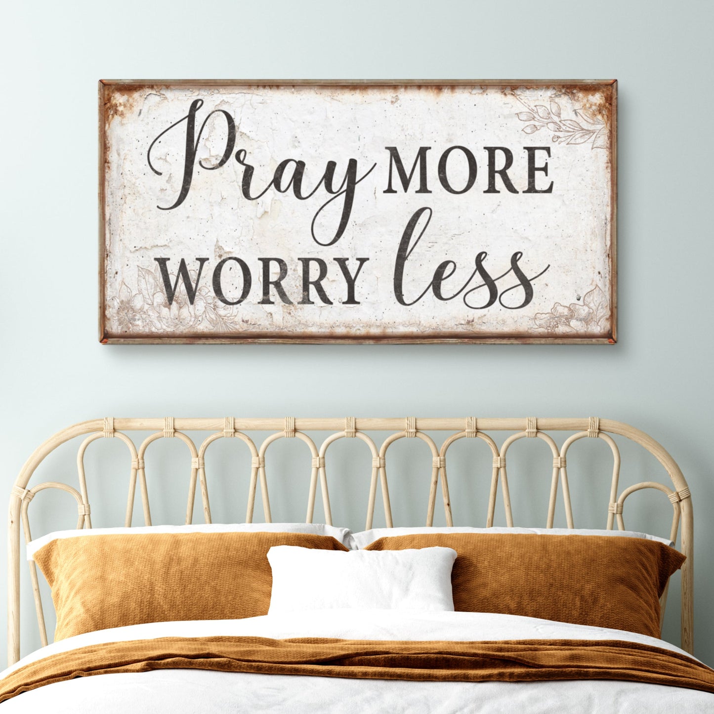 Canvas sign Pray More Worry Less with rustic distressed background on Tampa Home & Garden Store