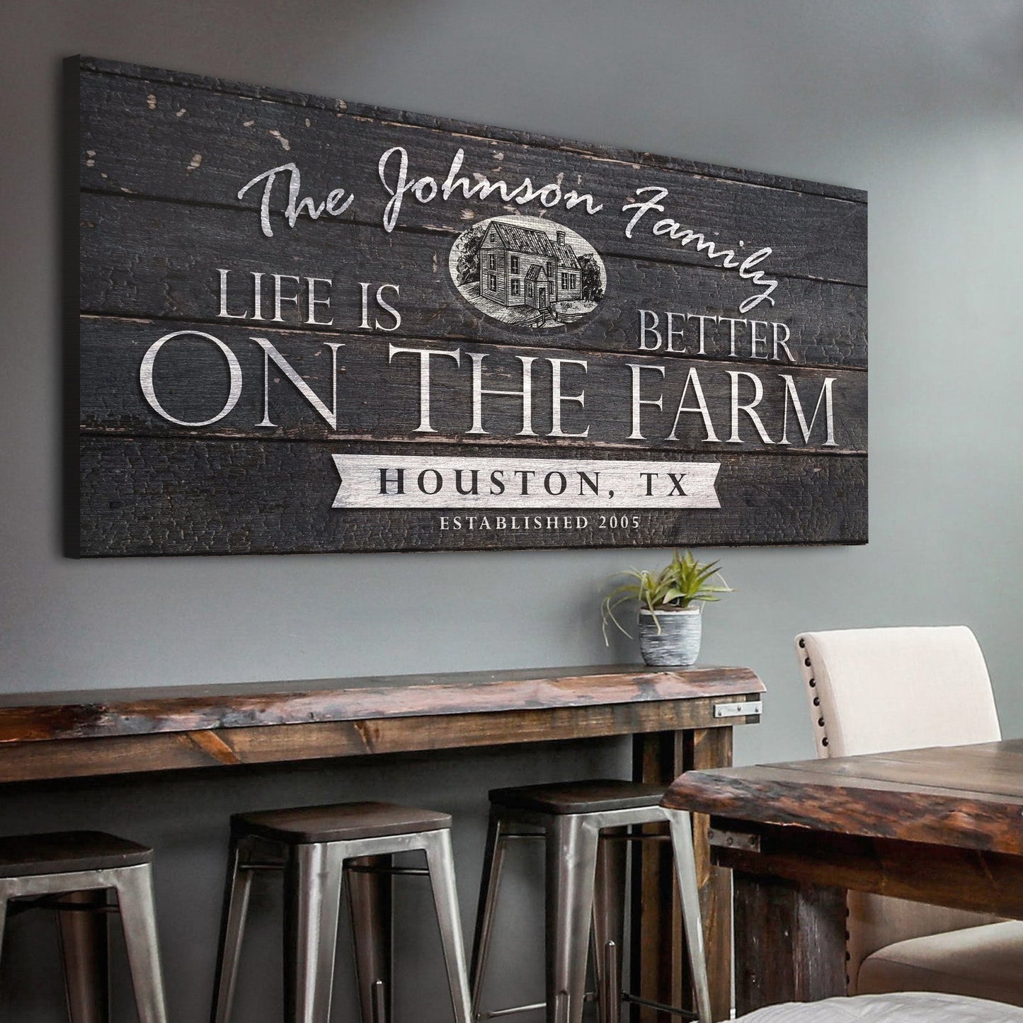 Life Is Better On The Farm Sign canvas with rustic dark wood planks and white typography on Tampa Home & Garden Store