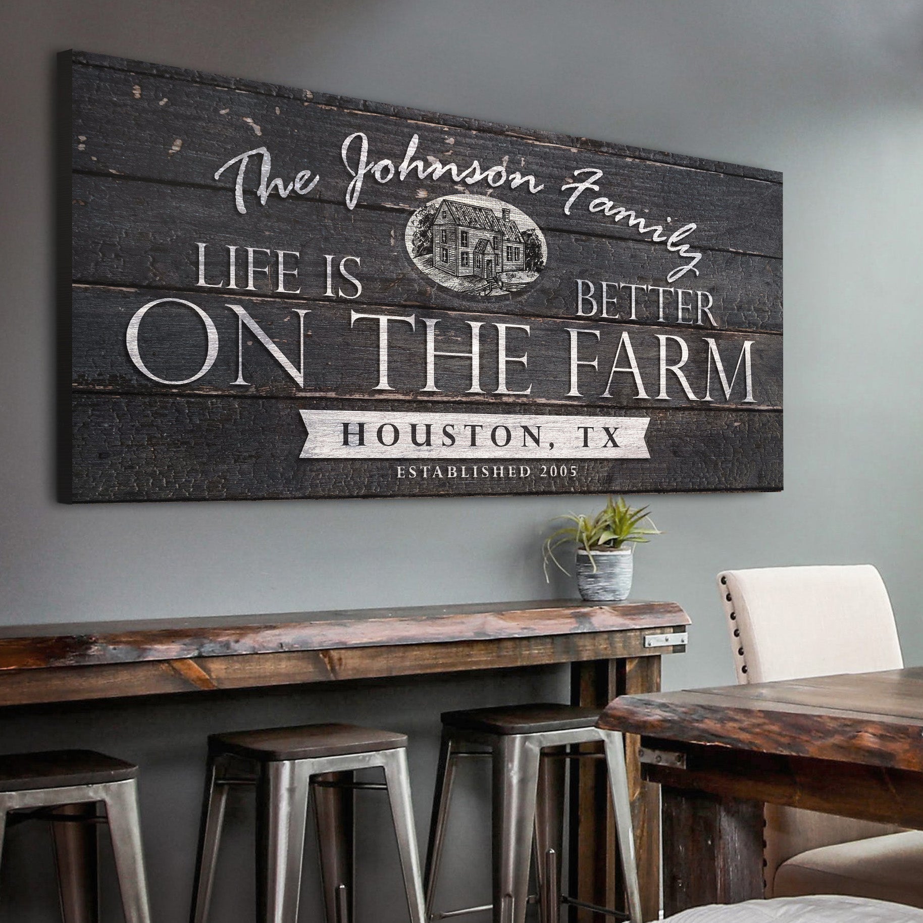 Life Is Better On The Farm Sign canvas with rustic dark wood planks and white typography on Tampa Home & Garden Store