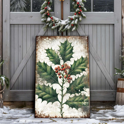 Christmas Holly Wall Art canvas with frosted holly leaves and red berries on weathered wood on Tampa Home & Garden Store