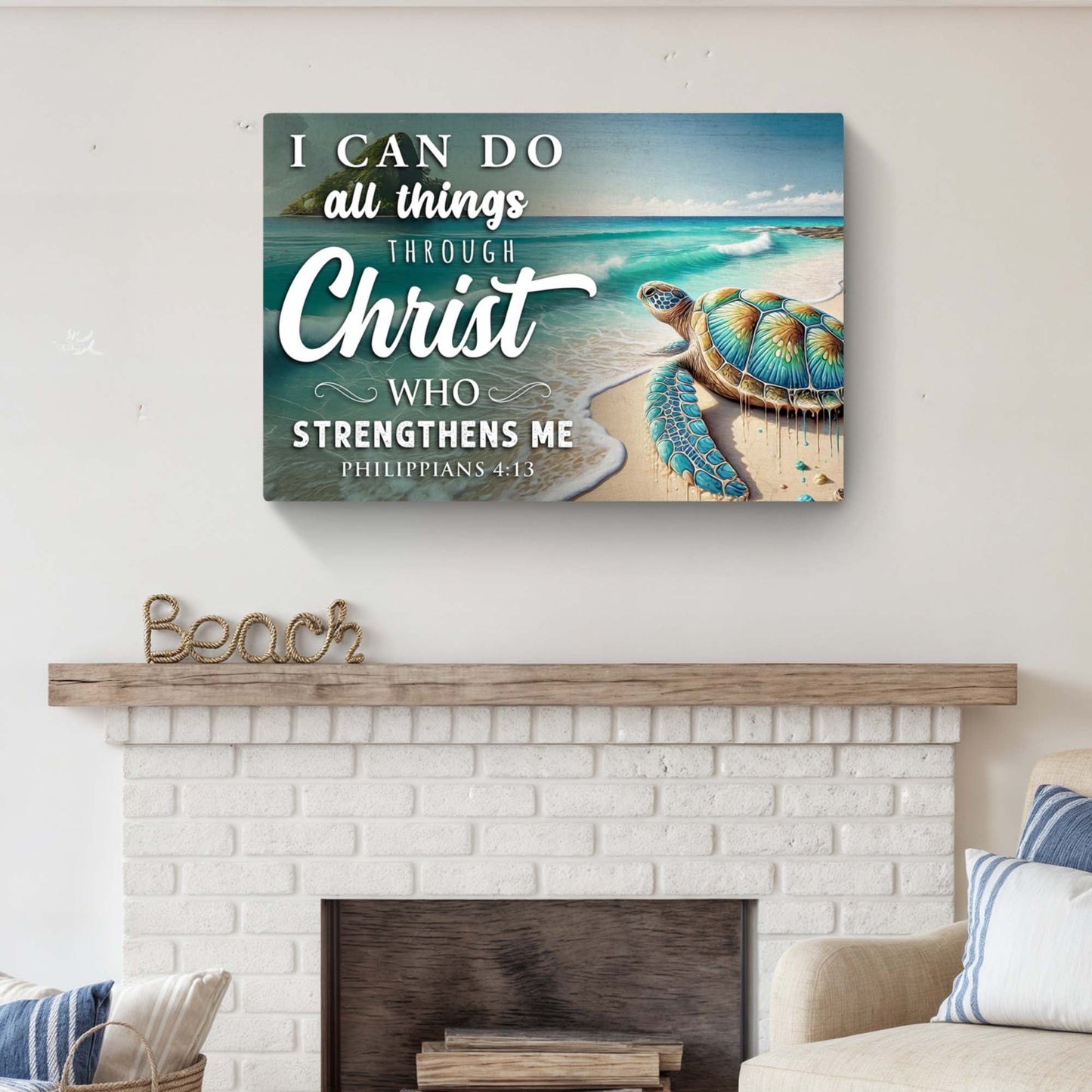 Canvas wall art I Can Do All Things Through Christ featuring ocean scene and turtle on Tampa Home & Garden Store