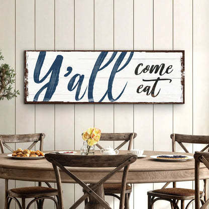 Y'all Come Eat Kitchen Sign II canvas Tailored Canvases white panel navy script wood frame on Tampa Home & Garden Store