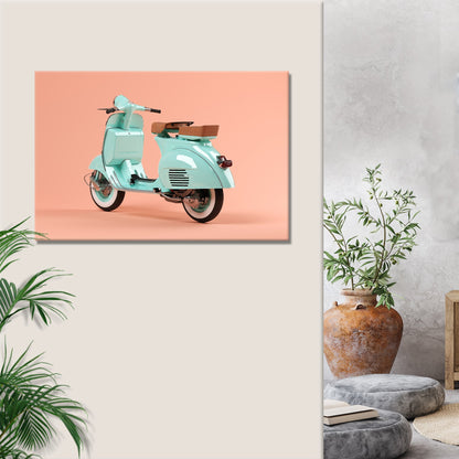 Tailored Canvases Vespa scooter canvas wall art mint teal with brown seat on peach background on Tampa Home & Garden Store