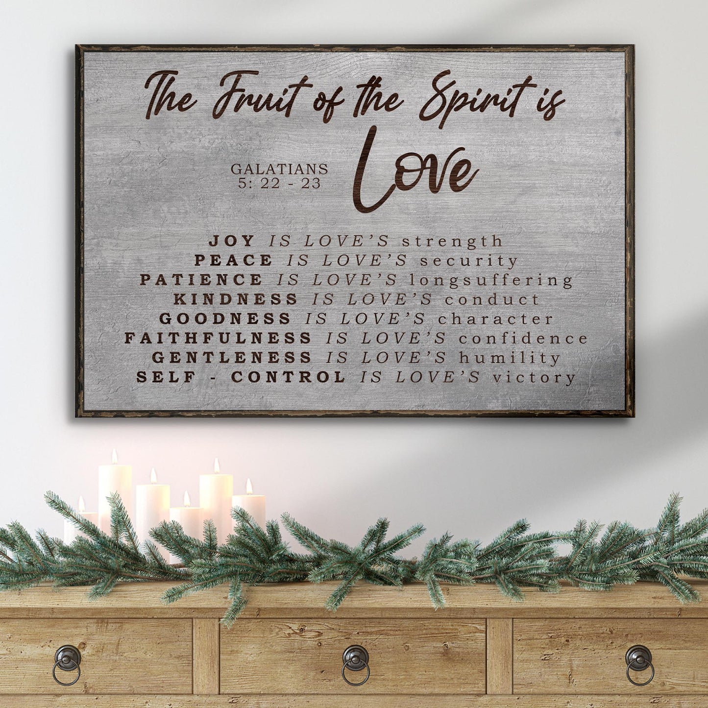Canvas wall sign Galatians 5:22-23 The Fruit of the Spirit is Love; weathered grey background on Tampa Home & Garden Store