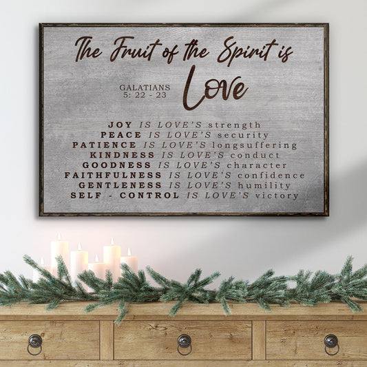 Canvas wall sign Galatians 5:22-23 The Fruit of the Spirit is Love; weathered grey background on Tampa Home & Garden Store