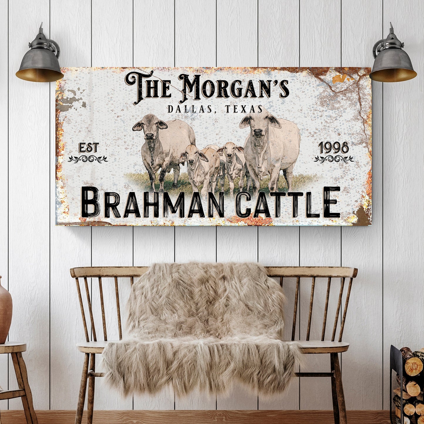 Personalized Brahman Cattle Sign II canvas with rustic backdrop and Brahman herd illustration on Tampa Home & Garden Store