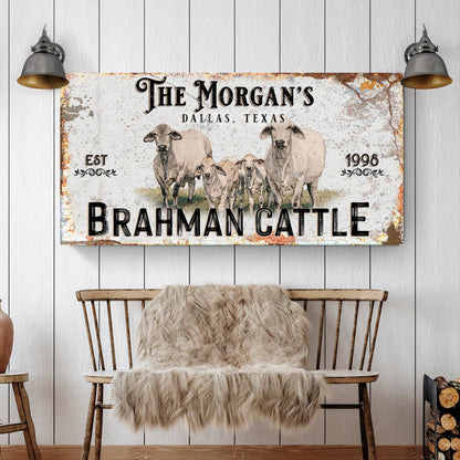 Personalized Brahman Cattle Sign II canvas with rustic backdrop and Brahman herd illustration on Tampa Home & Garden Store