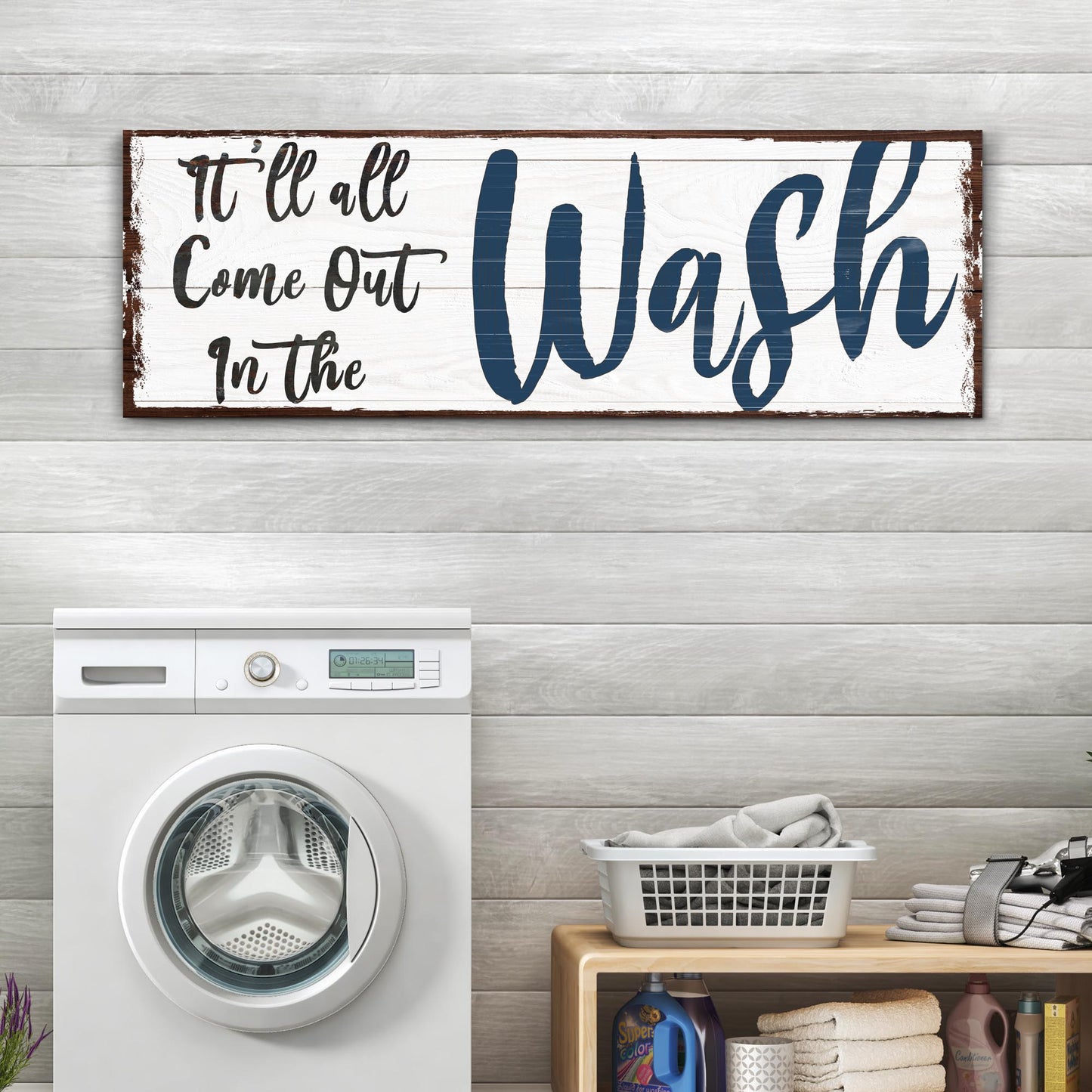 Laundry sign canvas It'll All Come Out in the Wash with navy script on white panel on Tampa Home & Garden Store