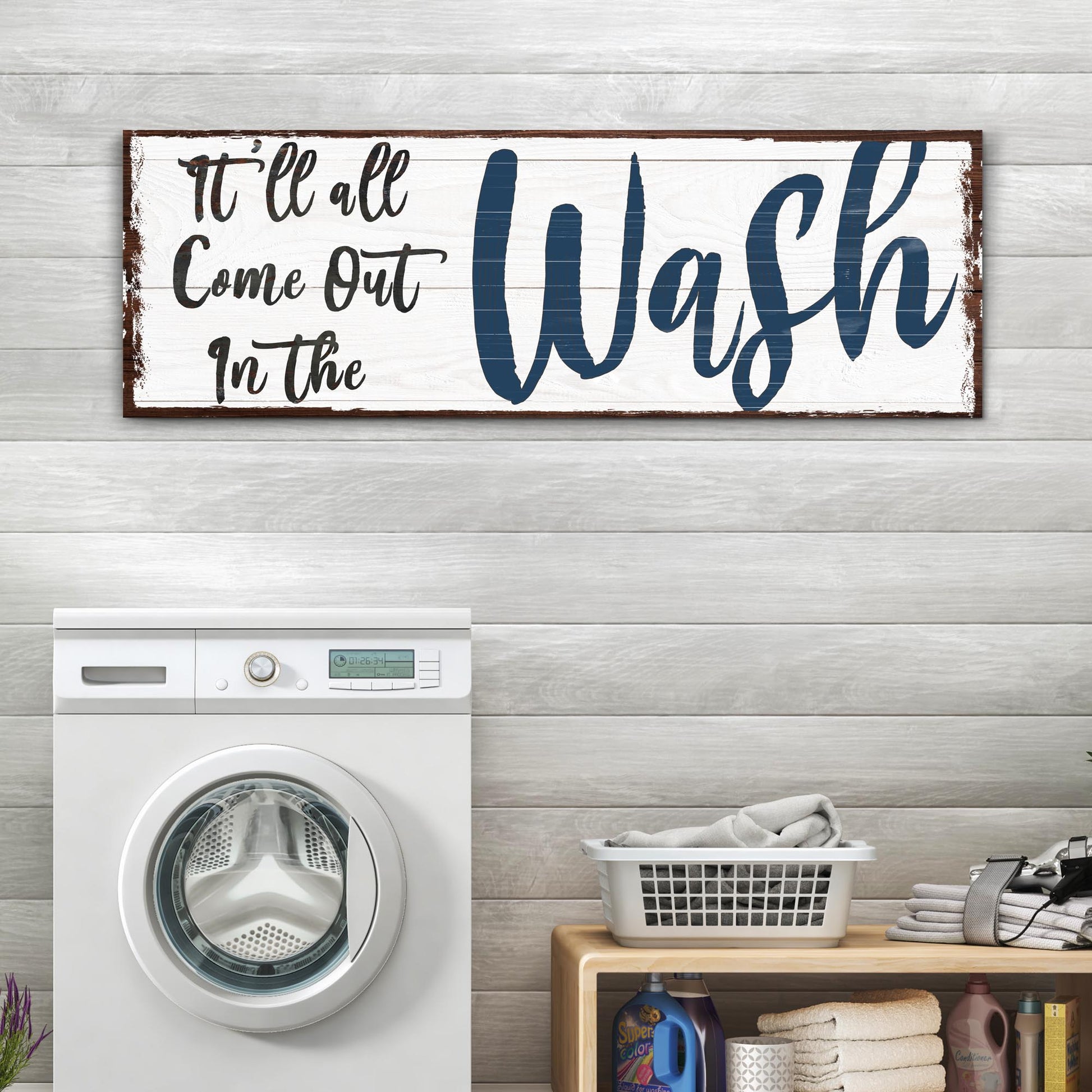 Laundry sign canvas It'll All Come Out in the Wash with navy script on white panel on Tampa Home & Garden Store