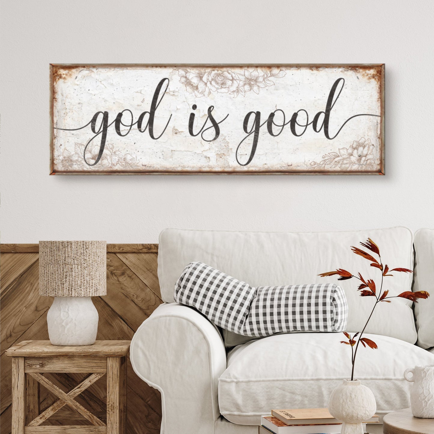 Canvas God Is Good sign with black script and floral border in rustic wood frame on Tampa Home & Garden Store