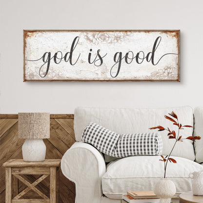 Canvas God Is Good sign with black script and floral border in rustic wood frame on Tampa Home & Garden Store
