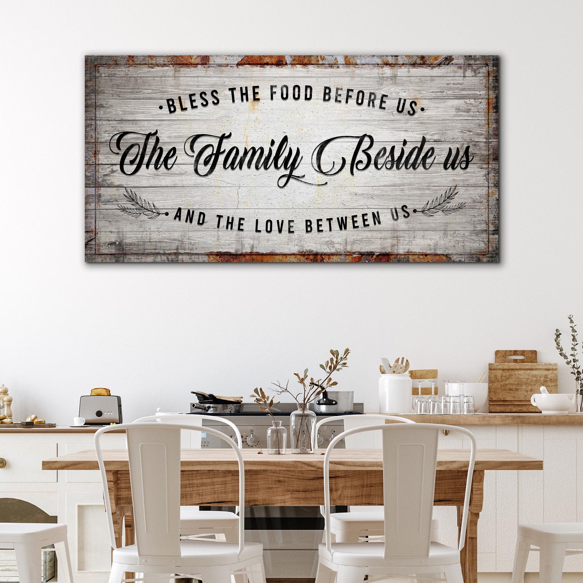 Canvas kitchen sign Bless The Food Before Us with rustic wood grain by Tailored Canvases on Tampa Home & Garden Store