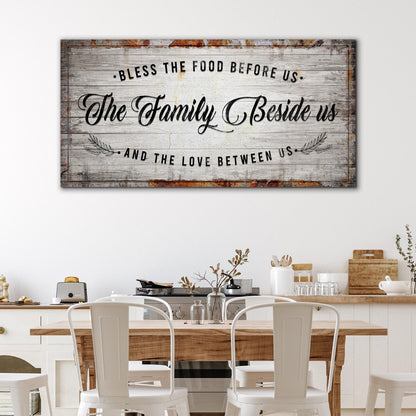 Canvas kitchen sign Bless The Food Before Us with rustic wood grain by Tailored Canvases on Tampa Home & Garden Store