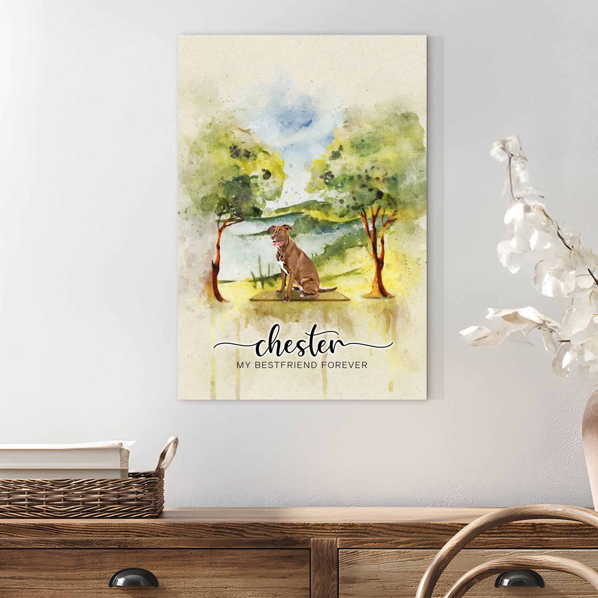 Pet memorial watercolor canvas with brown dog in a park and My Bestfriend Forever text on Tampa Home & Garden Store